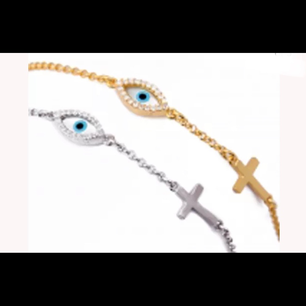 Sterling Silver Evil Eye and Cross Bracelet